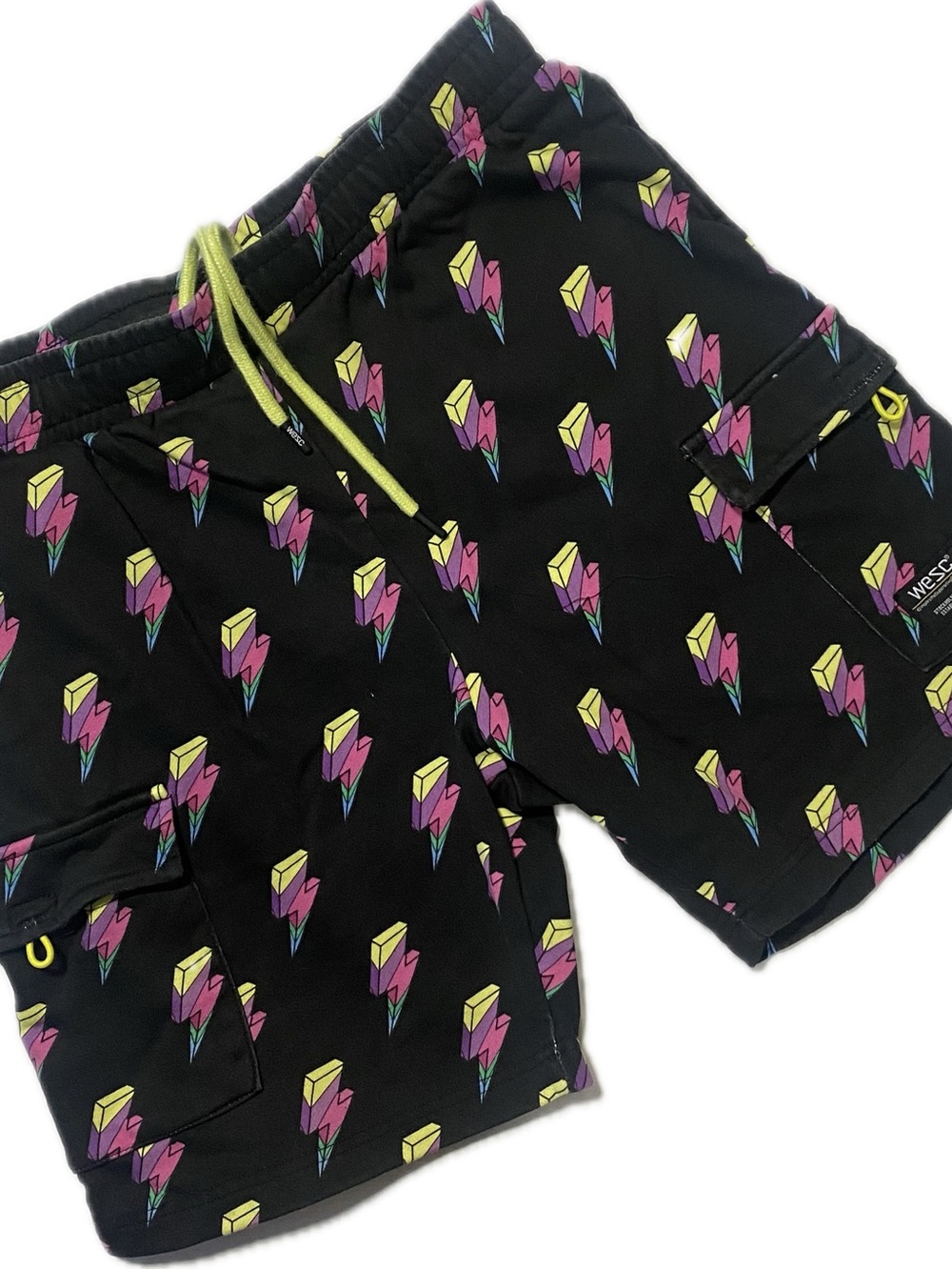 Wesc Black Cargo Shorts with Yellow and Pink Geometric Print